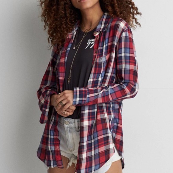 American Eagle Outfitters Tops - American Eagle Oversized Flannel Shirt Red Plaid Button Down
